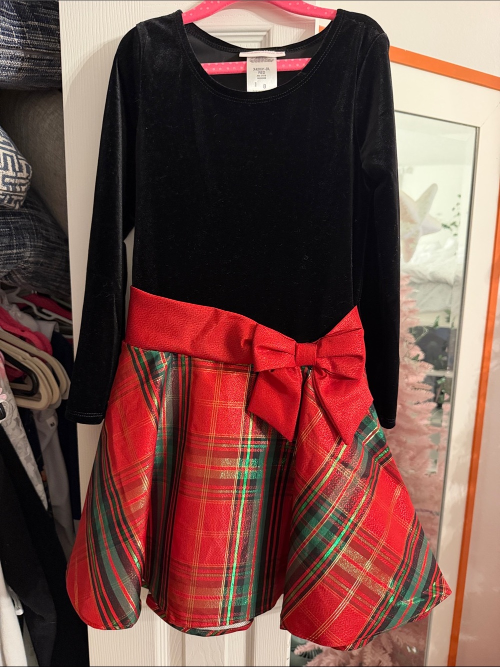 Girls Black Velvet & Red Plaid Holiday Dress with Bow